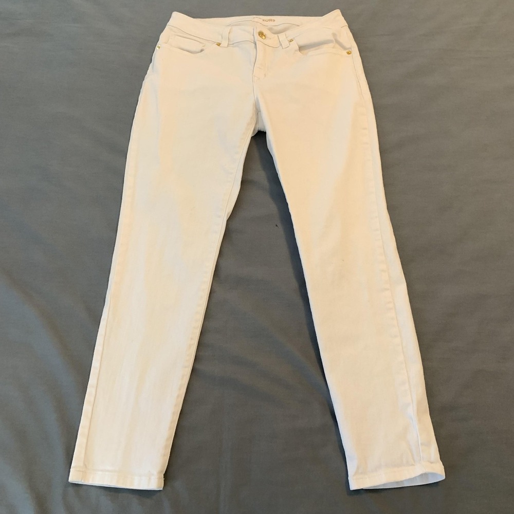 Michael Kors‎ Jeans Womens 2 White Mid Rise Skinny Stretch Denim Pants Gold